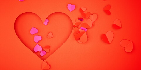 Red Heart Cutout with Pink and Red Scattered Hearts on Textured Background