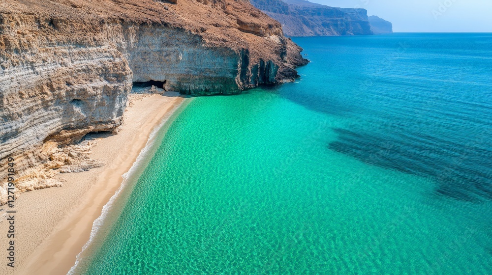 Poster aerial view capturing crystal clear turquoise waters lapping against a pristine sandy beach nestled 