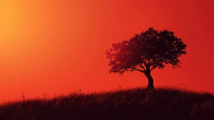 Fototapeta premium Silhouette of a tree on a hill at sunset