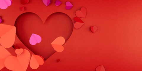 Red Heart Cutout with Multicolored Scattered Hearts on Textured Background