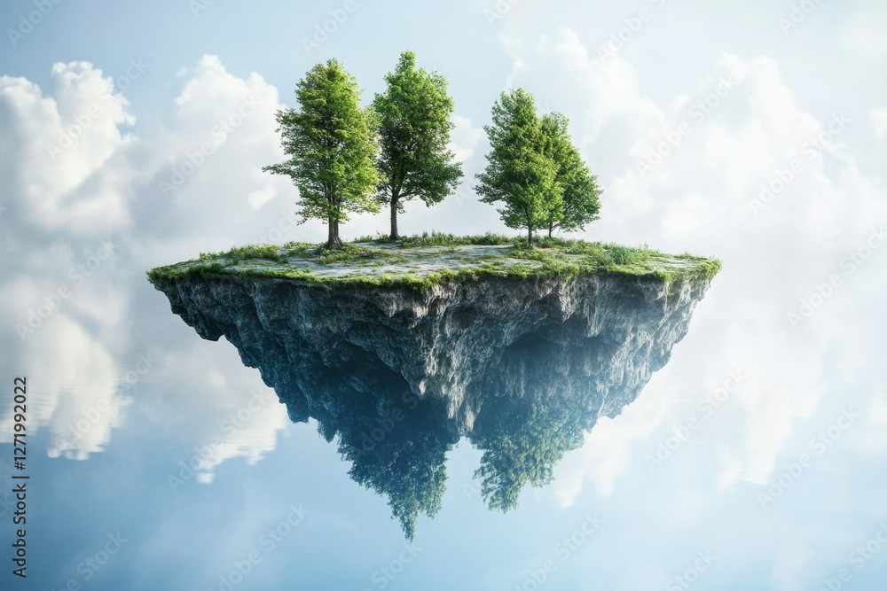Aufkleber floating island with three lush trees surrounded by clouds and reflections
