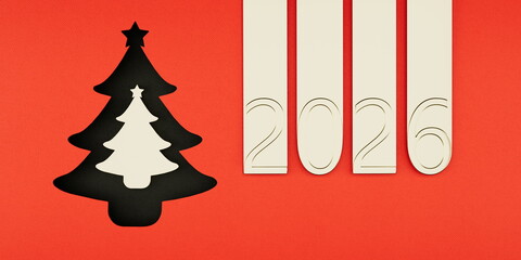 2026 New Year golden Numbers with Black and White Christmas Trees on Red Background
