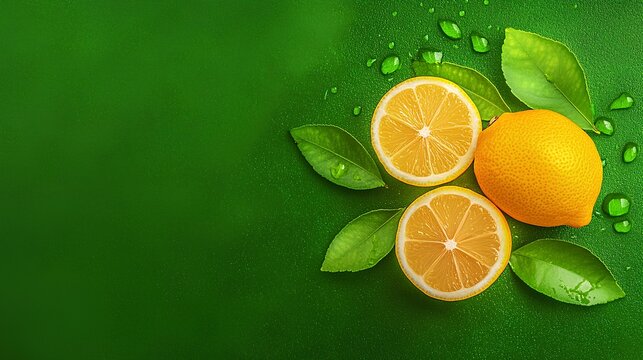 Minimalist yellow lemons fruit with leaves on a vibrant green background, ideal for food-related marketing materials. Copy space.