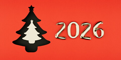 2026 Golden Numbers with Black and White Christmas Trees on Red Background