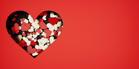 Heart Cutout Filled with Red, Gold Hearts on Red Background
