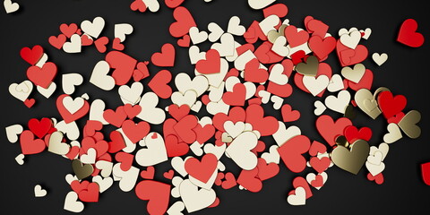 Abundant Scatter of Red and Gold Hearts on Black Background
