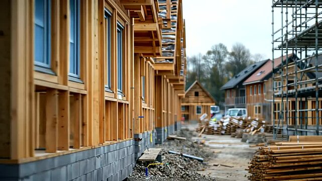 A partially finished row of wooden terraced houses with windows and doors being fitted, surrounded by scaffolding and piles of construction materials