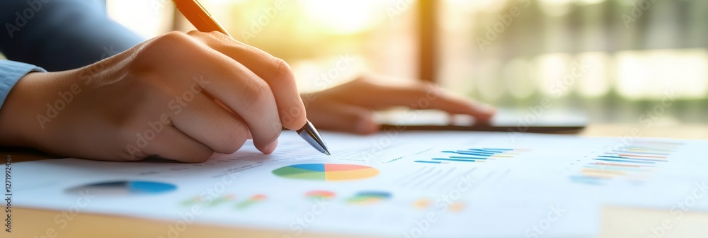 Poster businesswoman pointing at financial charts and graphs with a pen, analyzing market trends and making