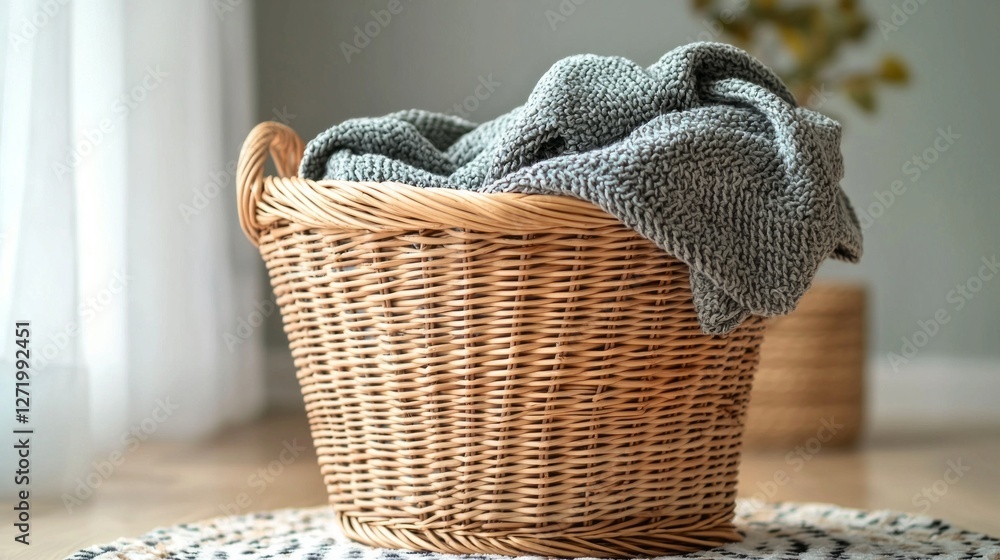 Poster a wicker basket filled with crumpled laundry sits indoors, creating a sense of warmth and home. soft