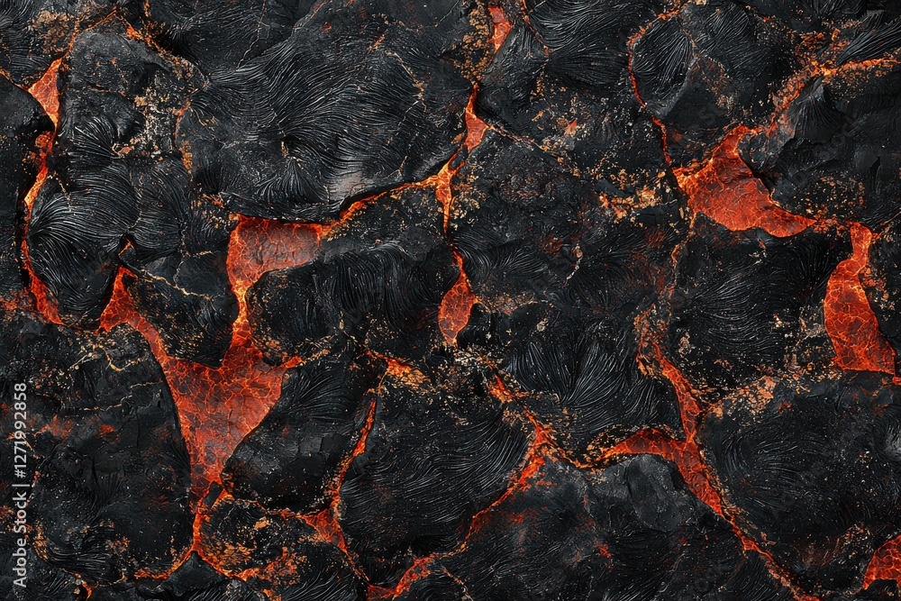 Poster volcanic rock texture with bright orange magma flowing through cracks creating a unique geological b