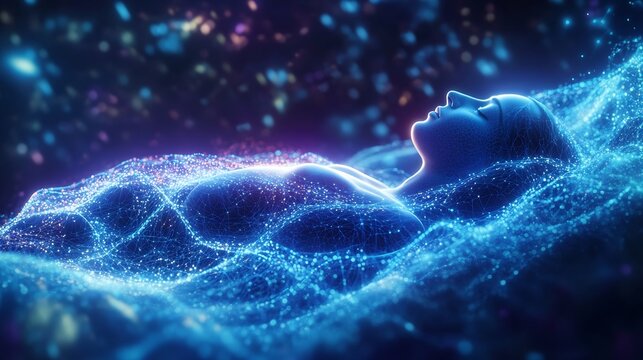 Dynamic 3D rendering of deep sleep cycle featuring glowing wave of blue purple surrounding sleeping figure intricate neural connection cinematic lighting symmetrical alignment ultra detailed texture
