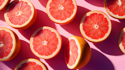 Fresh tropical sliced grapefruits on a pink backdrop, ideal for a food advertisement or health-related promotion.