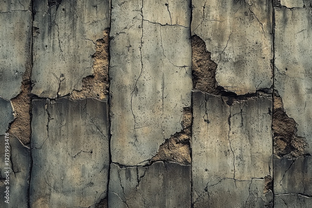 Poster close-up shot of severely damaged concrete wall with exposed inner layer, showcasing the effects of 