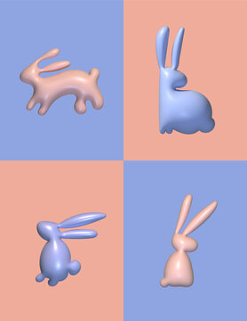 Cute Postcard Set Easter Rabbits Bunnies 3D Illustration Modern Minimal 5x7