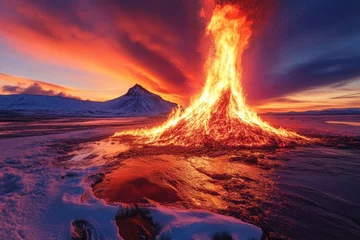Erupting volcano glows against the stunning sunset sky in a winter landscape
