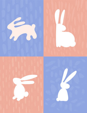 Cute Postcard Set Easter Rabbits Bunnies Vector Illustration Modern Minimal 5x7