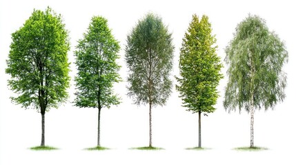 Five Trees Showing Seasonal Changes on White Background