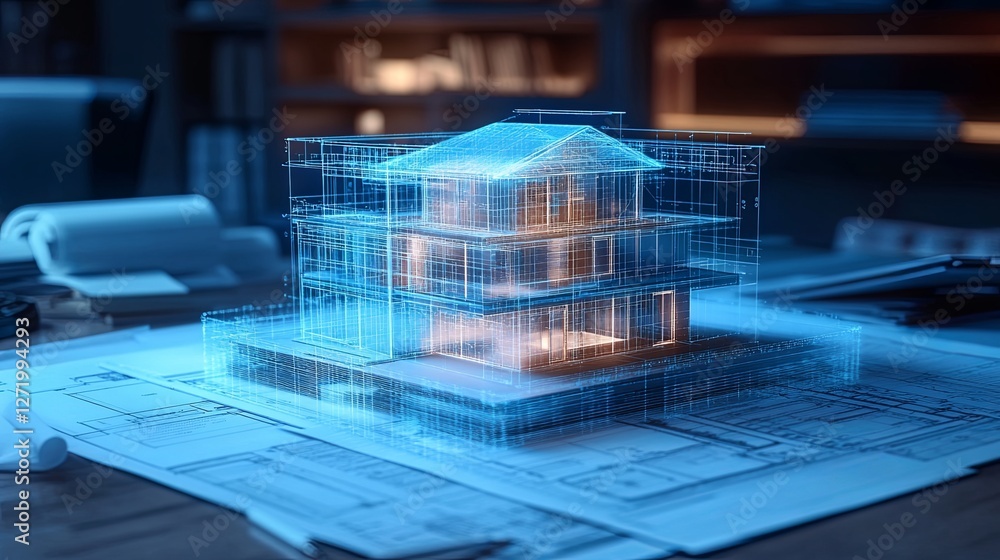 Poster digital blueprint of modern house structure in office setting with architectural plans