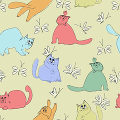 Seamless pattern with funny cats playing. Perfect for kids. Lovecat illustrations in cartoon style