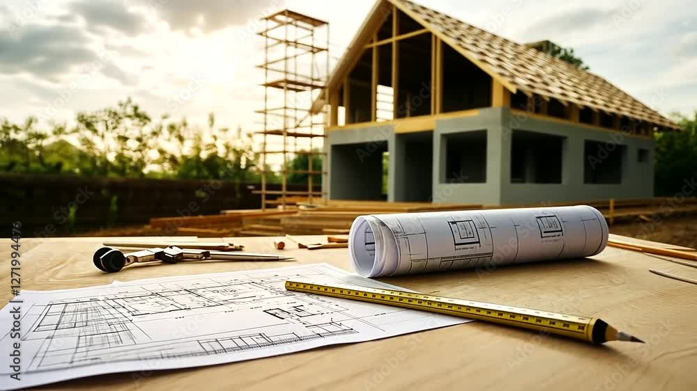 Poster a detailed blueprint spread across a table with tools like rulers and compasses, while a partially b