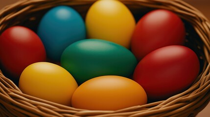 Wicker basket with colorful easter eggs, close up, greeting card