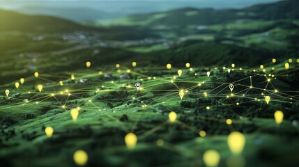 Connected network of location pins over green landscape