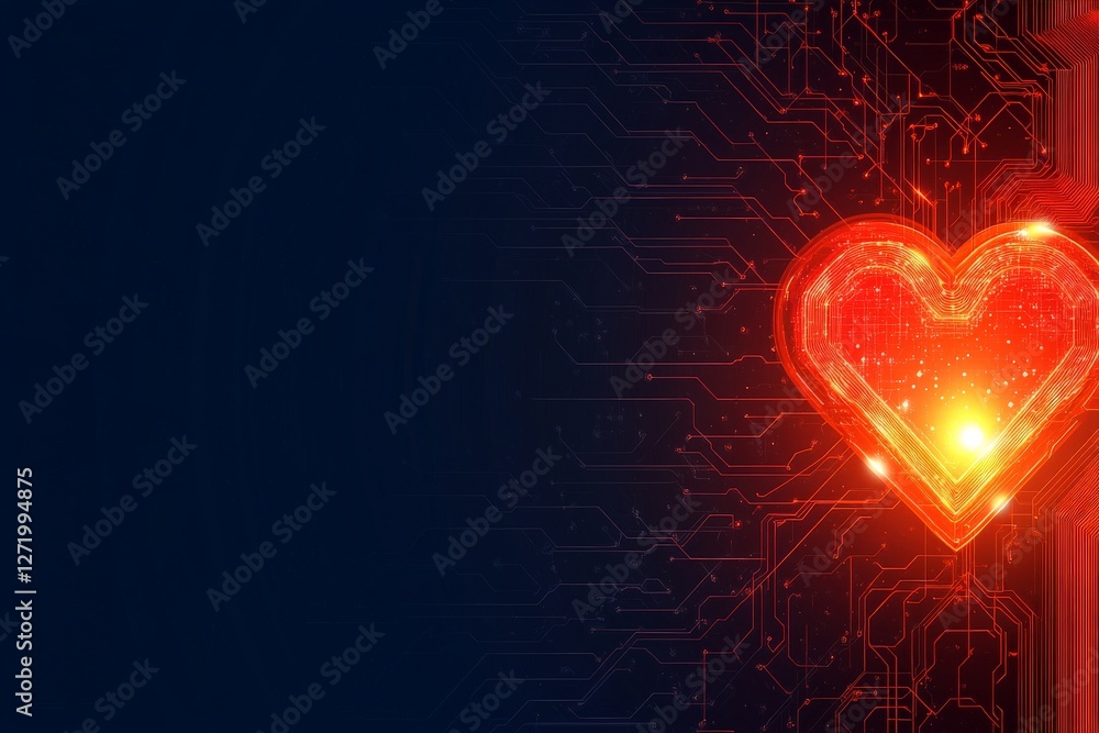 Poster glowing neon red digital heart shape with circuit like connections on dark background symbolizing ar