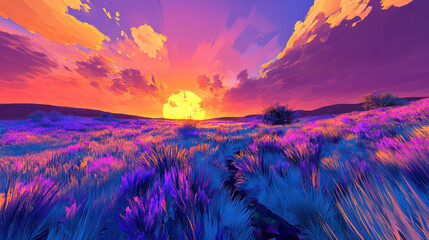 vibrant prairie landscape with colorful sunset illuminating sky and fields. scene is filled with rich purple and orange hues, creating stunning