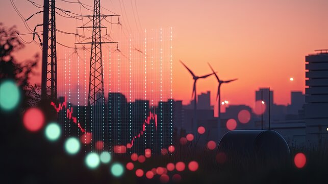 City sunset with power lines, wind turbines, and data visualization overlay