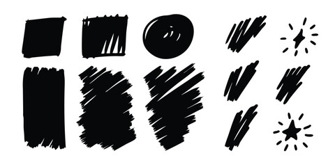 Hand-drawn vector black marker lines, scratches, scribbles, grungy highlighter underlines, rough punk market stroke collection, expressive textured marks, set of black grunge blots, daubs, and dabs.
