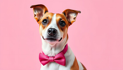 A dapper Jack Russell Terrier in a vivid bow tie, against a soft pink studio background. Its expression is attentive and poised, highlighting its affable personality, enhance. with white shades