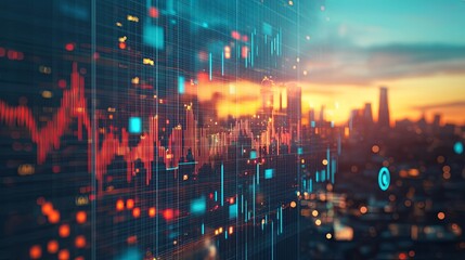 Abstract financial data visualization with cityscape and sunset reflections