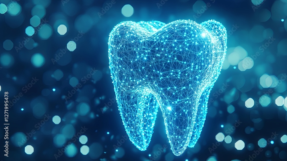 Poster futuristic digital tooth visualization with glowing network matrix