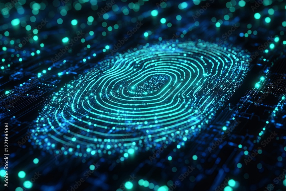 Poster glowing blue digital fingerprint on circuit board background in virtual cyber space
