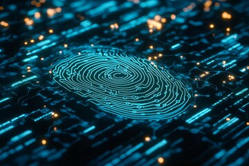 Futuristic digital fingerprint on circuit board background with glowing lights