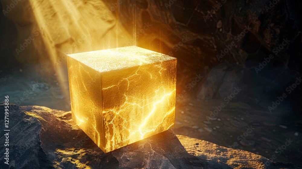 Aufkleber glowing golden cube with lightning patterns in mystical cave setting
