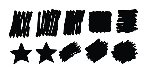 Hand-drawn vector black marker lines, scratches, scribbles, grungy highlighter underlines, rough punk market stroke collection, expressive textured marks, set of black grunge blots, daubs, and dabs.