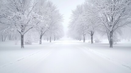Obraz premium Snow-covered path through trees, winter landscape