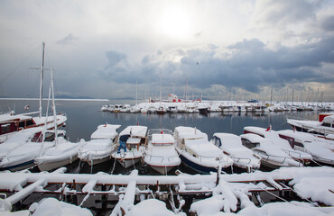 View of Istanbul and the Sea of ​​Marmara on a snowy day