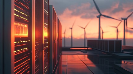 Modern data center with solar panels and wind turbines at sunset