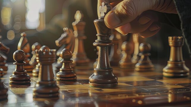 Strategic chess move on wooden board in warm light setting creating focused atmosphere