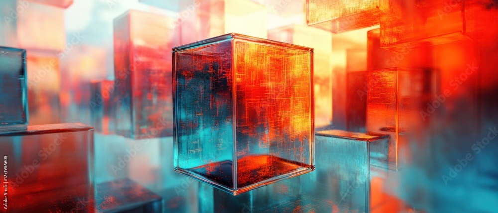 Poster abstract 3d render of glowing transparent cubes in red and teal, creating a futuristic and geometric