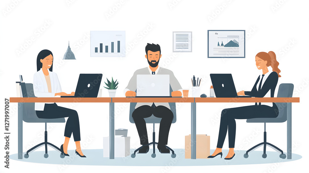 Poster team working at desks with laptops in a modern office with data charts in the background.