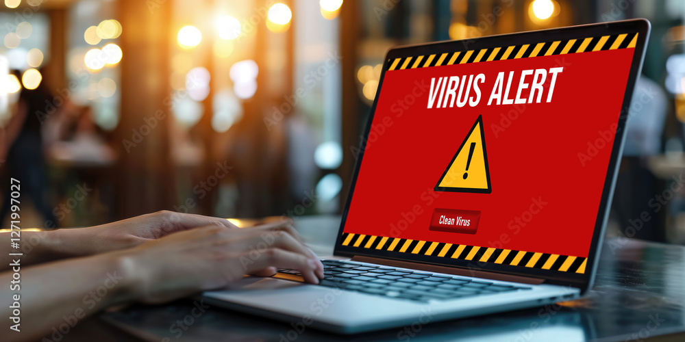 Poster virus warning alert on computer screen detected brisk cyber threat , hacker, computer virus and malw