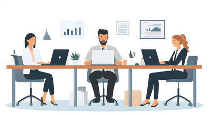 Team working at desks with laptops in a modern office with data charts in the background.