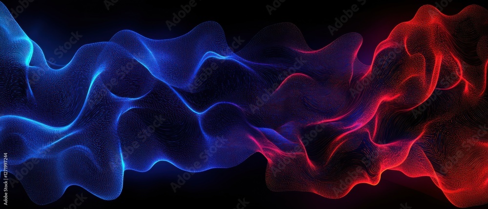 Poster abstract flowing red and blue particles on a black background digital wave, futuristic data stream, 