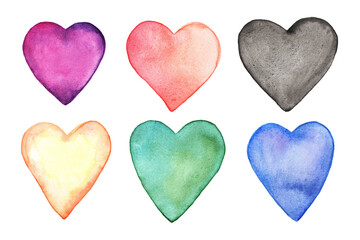 Set of hand drawn watercolor multi-colored hearts. Raster illustration, watercolor on paper. Bright watercolor drawings, wet paper. Cards for Valentine's Day.