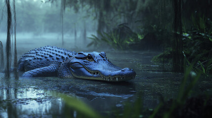 Fototapeta premium Lurking alligator in murky swamp waters, surrounded by lush vegetation