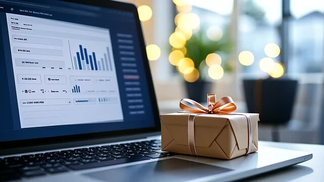 A close-up of a laptop displaying a dropshipping dashboard, with a ribbon-tied gift box sitting prominently on a sleek white desk