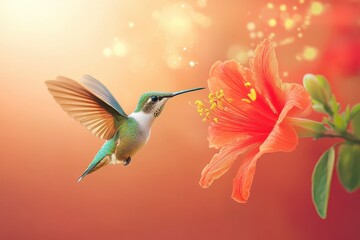 Obraz premium Hummingbird hovers near vibrant orange hibiscus flower in soft light